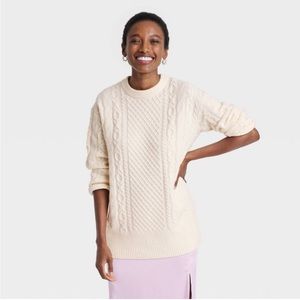 Crewneck Tunic Sweater, Cream